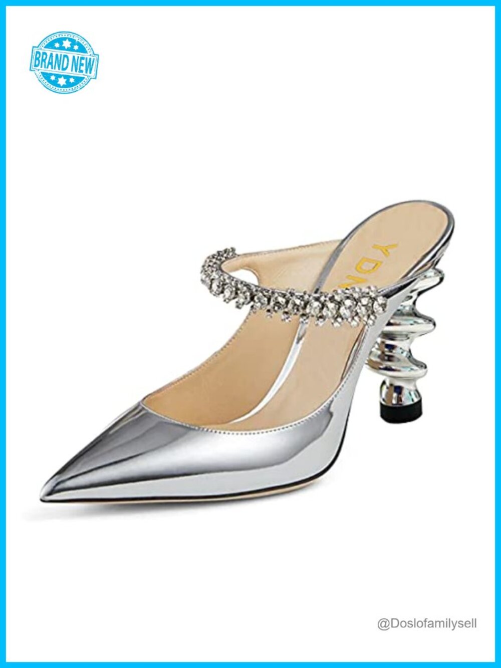 Metallic Spiral Heel Slip On Sandals Rhinestone Strap Pointed Toe Mules